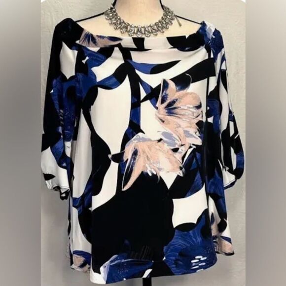 1. State Tops - 1.STATE Floral Off-Shoulder Blouse Large Blue White Pink Sleeve Knot Work Top